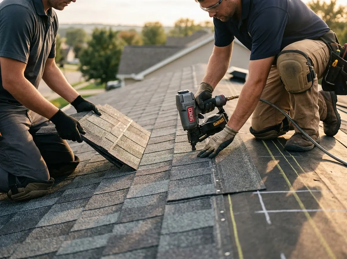 Professional roofer working on a residential roof in Waconia